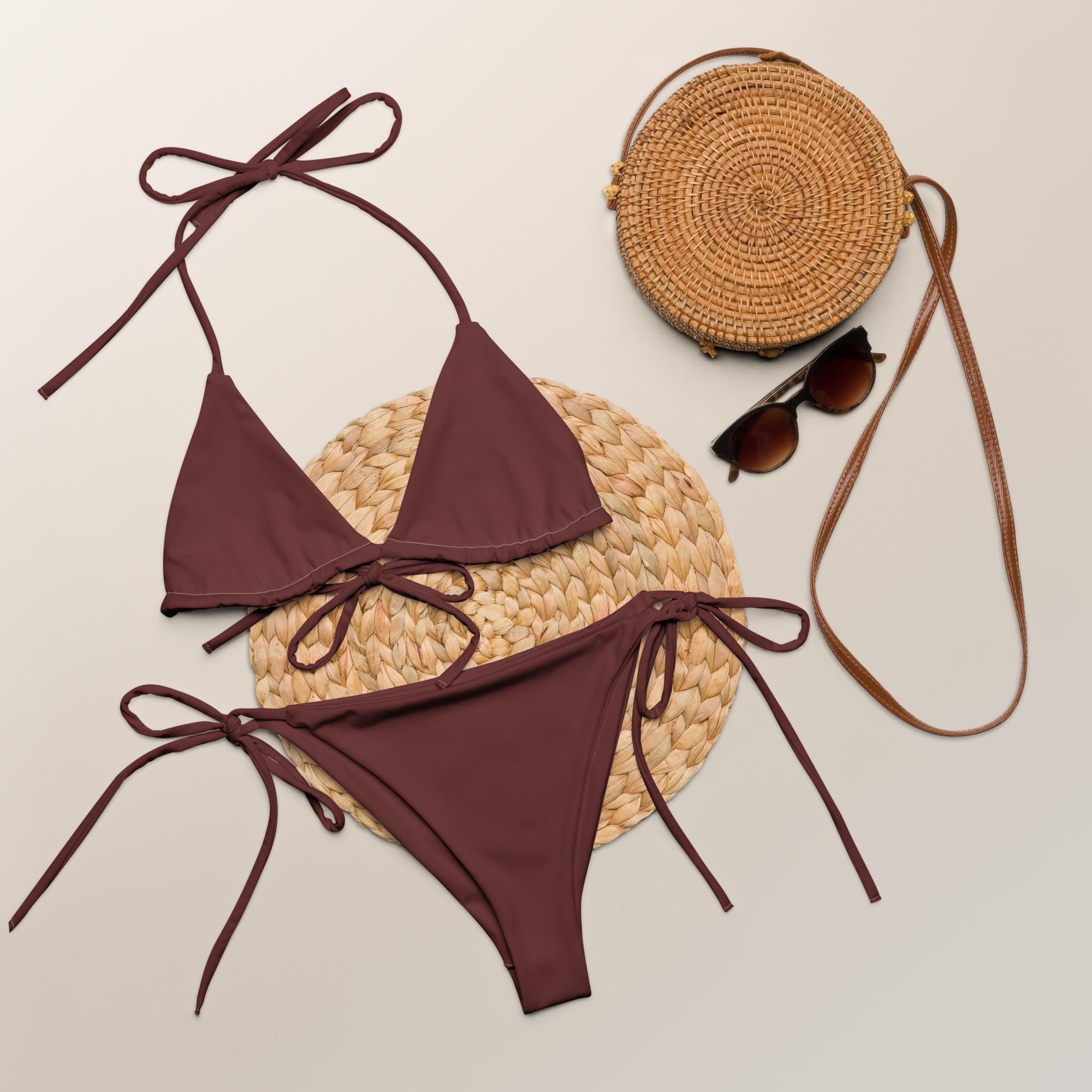 Bikini Set - Minimalist Triangle Top & Side-Tie Bottoms - Earthy Brown Two-Piece Swimsuit - Adjustable Boho Beachwear