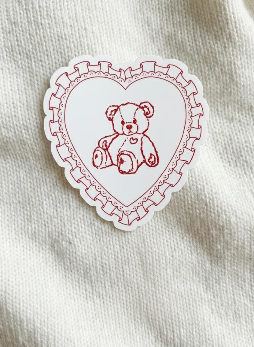 Teddy Bear Heart Sticker – Vintage Ruffle Coquette Vinyl