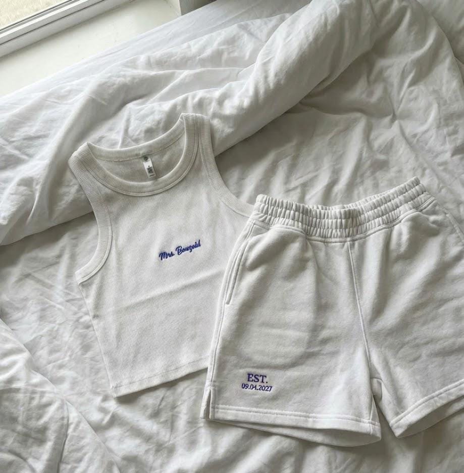 Embroidered Wifey Lounge Set | Personalized Bride Tank Top & Fleece Shorts