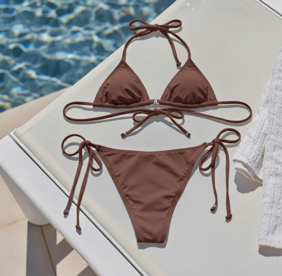Bikini Set - Minimalist Triangle Top & Side-Tie Bottoms - Earthy Brown Two-Piece Swimsuit - Adjustable Boho Beachwear