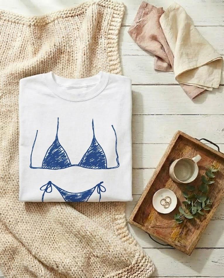 Bikini T-Shirt | Funny Summer Beach Cover Up | Cute Body Illusion Tee | Y2K Sketch Graphic Top | Bachelorette & Pool Party Shirt